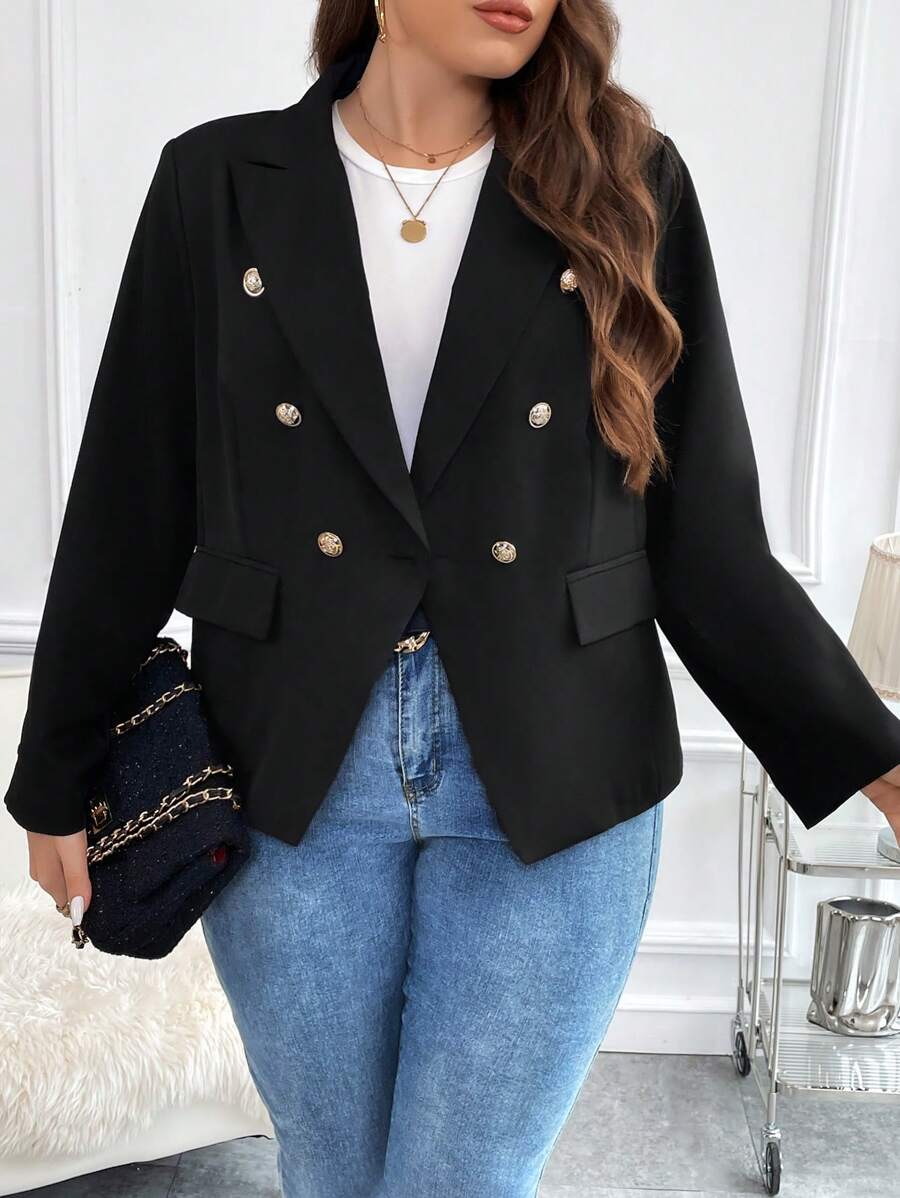 SHEIN Clasi Hơn Cổ áo Đôi ngực Áo vest - màu đen - Xem 1