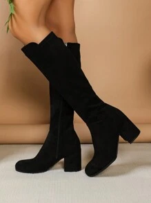 Comfortable Suede Over-The-Knee Boots, Classic All-Match Fashionable Perfect With Black Dress Ladies Round Toe Side Zipper Boots,Match Any Dress Black Chunky Heel Equestrian Knee-High Boots For Women