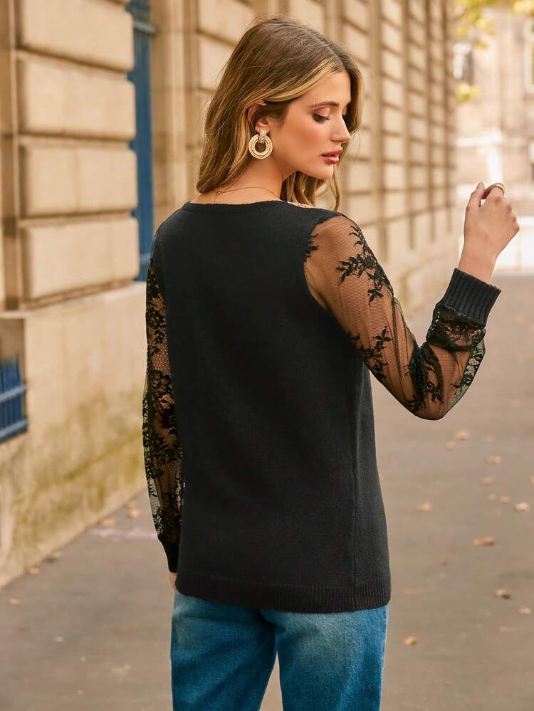 Contrast Lace V Neck Sweater Winter Black Casual