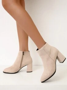 New Winter Women's Suede Pointed Toe High Heel Ankle Boots With Side Zipper And Plush Lining For Fashion - Beige - View 5