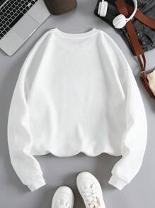 SHEIN EZwear Áo nỉ giữ nhiệt có lớp lót, in hình khẩu hiệu, kiểu vai rớt, thích hợp cho lễ tốt nghiệp, tựu trường, lễ tốt nghiệp, giáo viên, áo nỉ mùa thu cho mùa tựu trường. - trắng - Xem 2