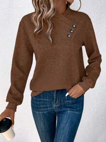 SHEIN LUNE Sudadera con diseño de botón de cuello asimétrico - Café integral - Ver 4