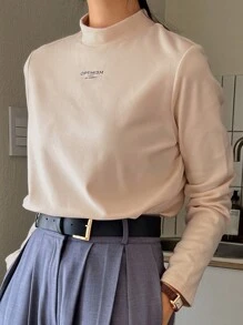 DAZY 女式字母印花宽松立领长袖保暖内衬 T 恤，秋冬 - 杏色 - 查看 3