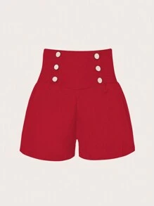 Celure 大碼紐扣細節寬腰帶短褲 - 紅色 - 查看 1
