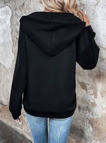 SHEIN LUNE 蝴蝶印花袋鼠口袋落肩半拉鍊連帽衫 - 黑色 - 查看 2