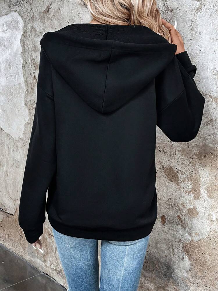 Butterfly Print Kangaroo Pocket Drop Shoulder Half Zip Hoodie