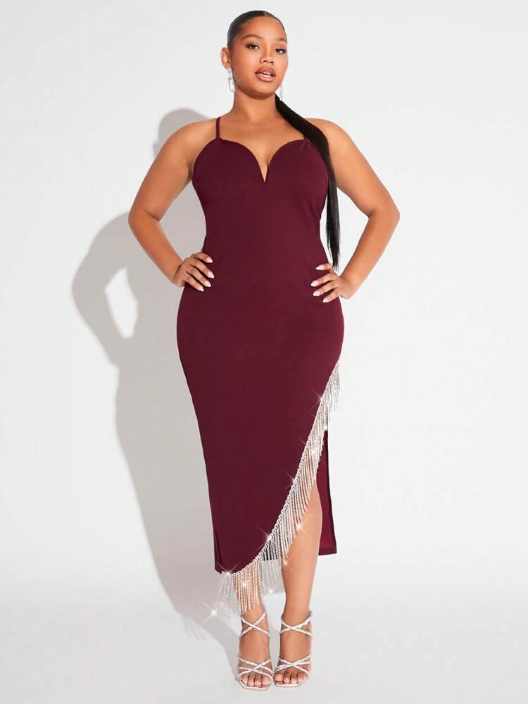 Plus Size Red Tank Dress With Rhinestone Fringe Hem And High Side Slit, Sexy Outfit For Club And Valentine's Day