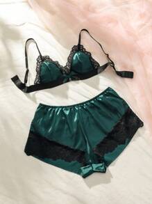Snug Zone Conjunto de lencería de sujetador y pantalón de encaje y satén con contraste sexy - Verde Oscuro - Ver 5