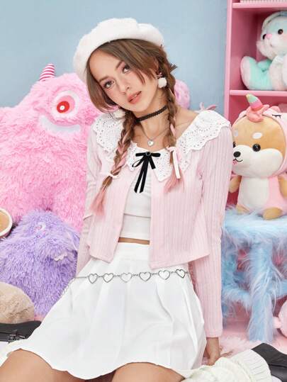 Kawaii لباس علوي قصير دانتيل متباين اللون ياقة كبير مبالغ فيه عقدة الفراشة أمامية