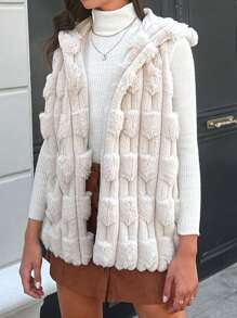 SHEIN Cottnline Solid Hooded Fuzzy Vest Coat - Apricot - View 1