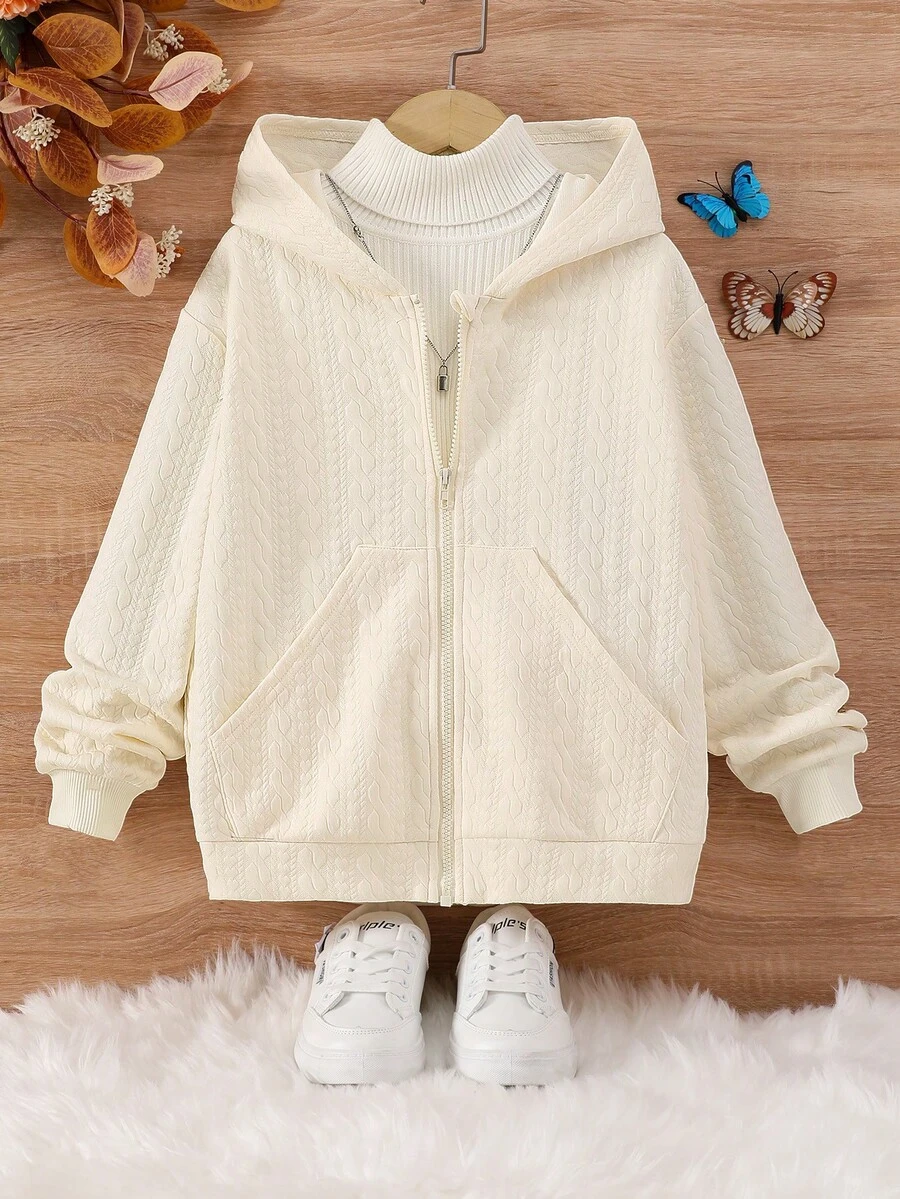 SHEIN Áo nỉ tay trễ vai có túi kangaroo cho bé gái tuổi teen (1 chiếc) - trắng - Xem 1