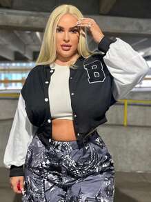 SHEIN SXY 大碼字母貼片落肩短款衛衣 - 黑與白 - 查看 5