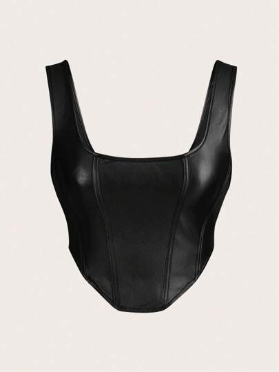 SHEIN ICON 純色PU皮寬帶黑色上衣