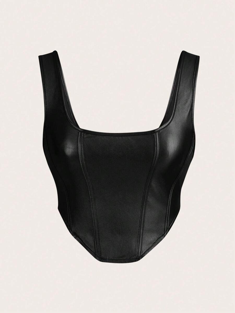 SHEIN ICON Solid PU Leather Wide Strap Black Top - Black - View 1