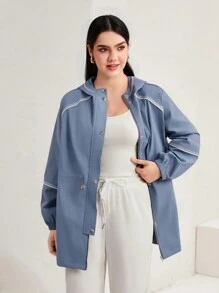 Mulvari Contrast Piping Drawstring Waist Zip Up Coat - Blue - View 2
