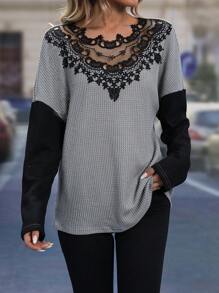 SHEIN LUNE Chèn ren Guipure Áo thun Thả vai - Nhiều màu - Xem 6