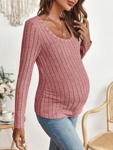 SHEIN Maternity Ribbed Knit Scoop Neck Tee - Pink - View 6