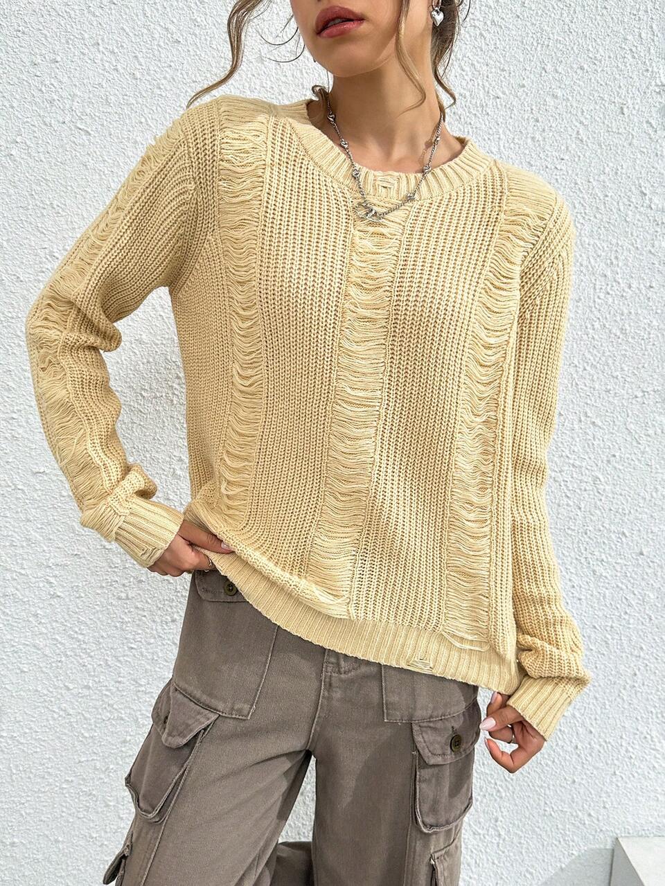 Solid Distressed Knit Pullover Fall Winter Sweater