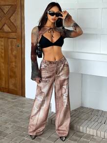 SHEIN ICON Denim Effect Print Pants - Khaki - View 4