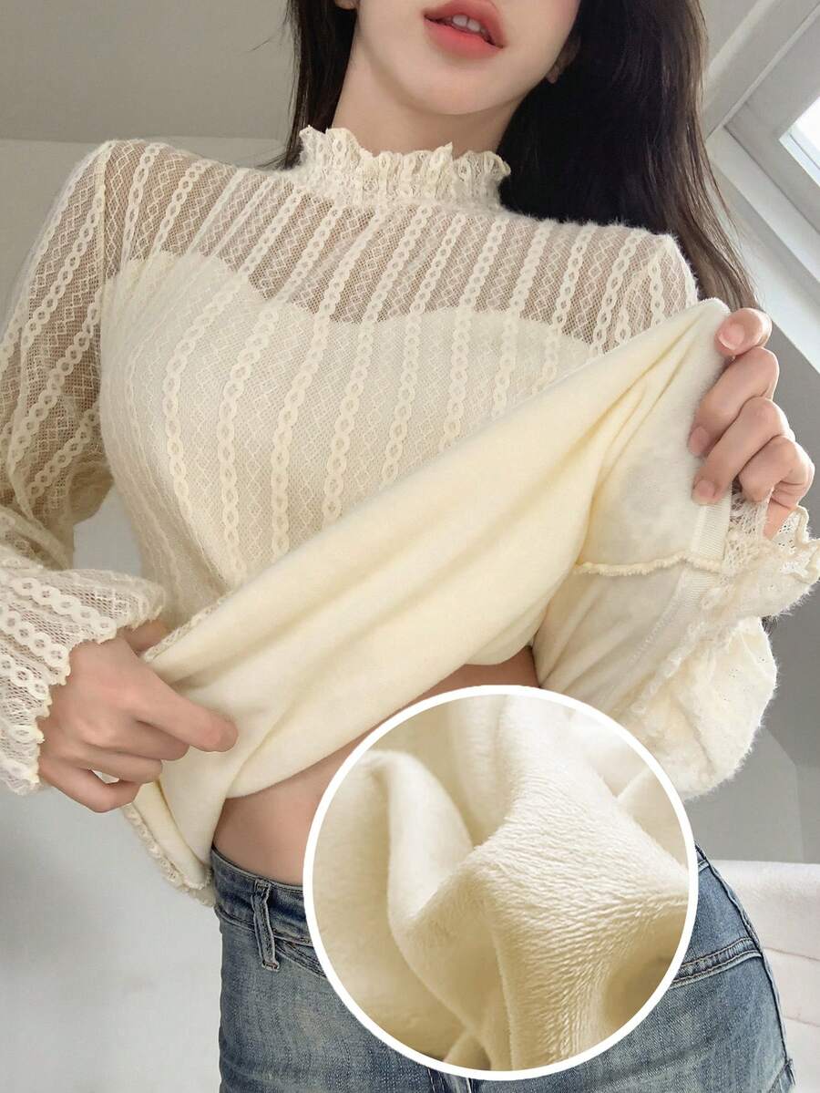 DAZY Frill Trim Mock Neck Flounce Sleeve Tee - Apricot - View 1