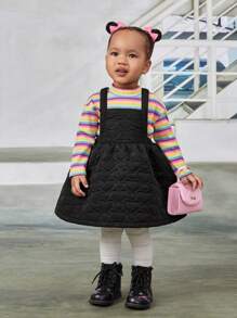 SHEIN Baby Girl Heart Quilted Overall Dress Without Tee - Black - View 1