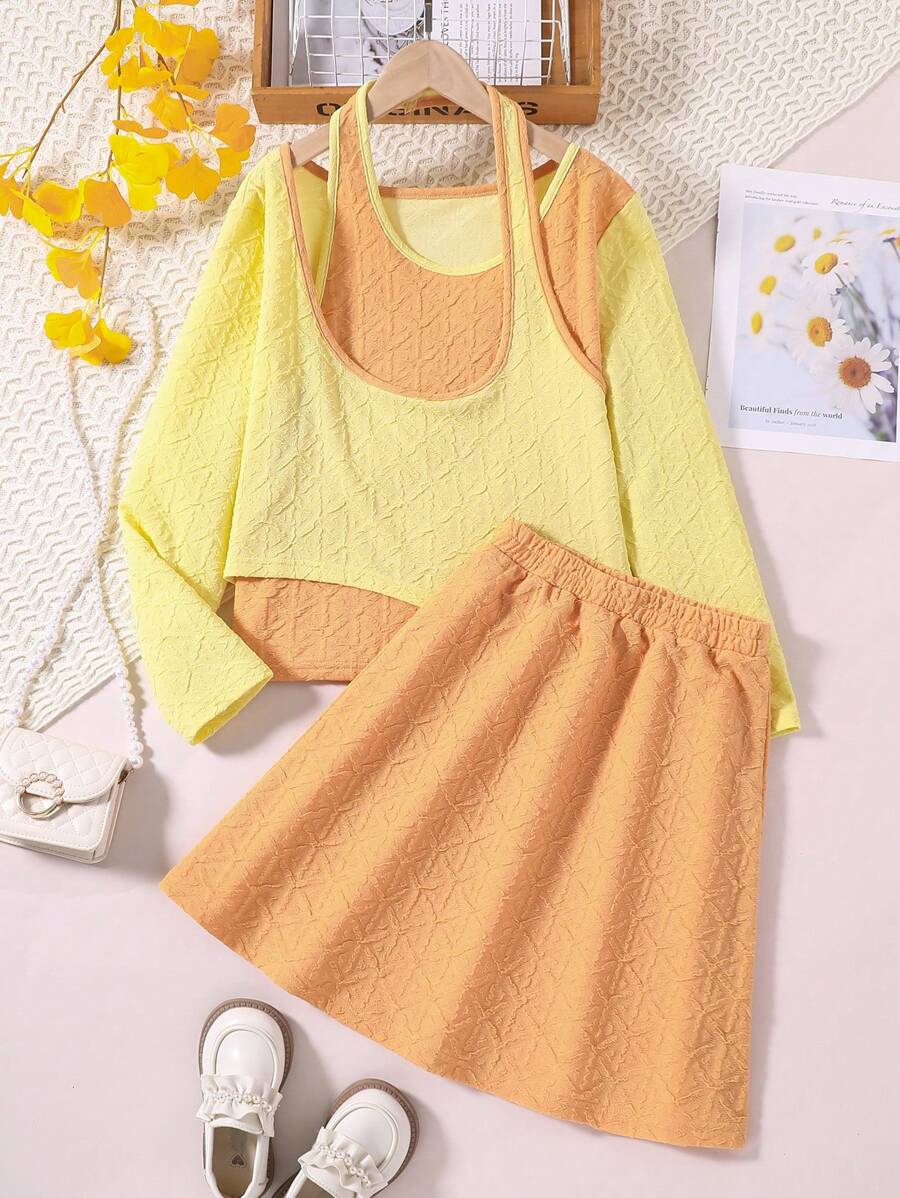 SHEIN 女大童撞色T恤和和半身裙