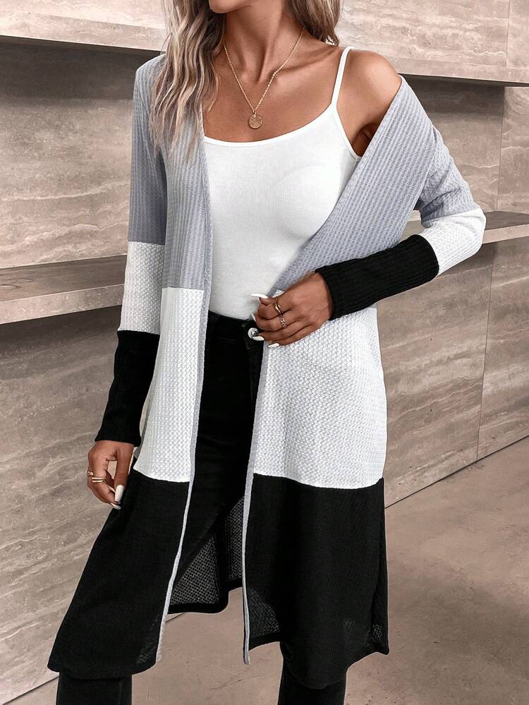 Color Block Open Front Waffle Knit Coat