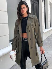 EURMUSE Double Breasted Belted Trench Coat - Green - View 1