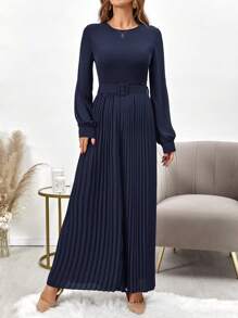 SHEIN Clasi 純色褶皺下擺束帶闊腿連身褲 - 藏蓝色 - 查看 4