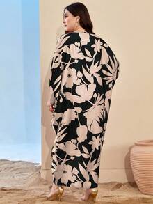 大码女式全身印花、随机印花、圆领褶皱阿拉伯长袍，适合休闲和节日场合，柔软舒适