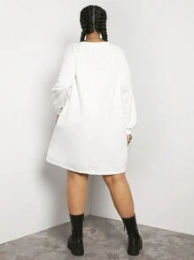 SHEIN CURVE+ Hơn Đồ họa Hình Hoa Chi tiết Big Bow Thả vai Đầm - trắng - Xem 2