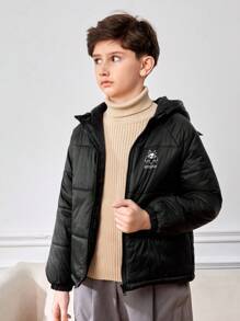 SHEIN Tween Boy Slogan & Cartoon Graphic Raglan Sleeve Hooded Padded Coat - Black - View 6