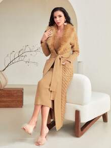 Modelyn Solid Bodycon Sweater Dress & Fuzzy Trim Duster Cardigan 2 Piece Set - Camel - View 6
