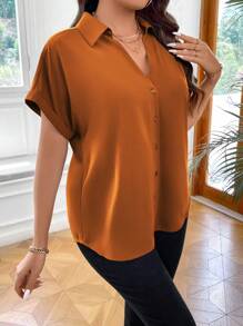 Calvaya Plus Solid Batwing Sleeve Shirt - Burnt Orange - View 4