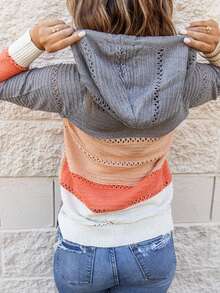 Color Block Raglan Sleeve Drawstring Hooded Pointelle Knit Sweater - Grey - View 2