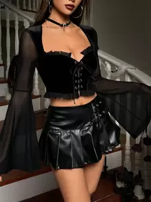 SHEIN ICON 萬聖節前繫帶網紗拼接荷葉袖褶邊短款上衣 - 黑色 - 查看 2