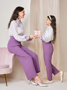 Modelyn Floral Printed Lantern Sleeve Shirt & High-Waisted Wide-Leg Pants 2 Pieces Set - Multicolor - View 8