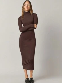 EURMUSE Mock Neck Bodycon Dress - Coffee Brown - View 5