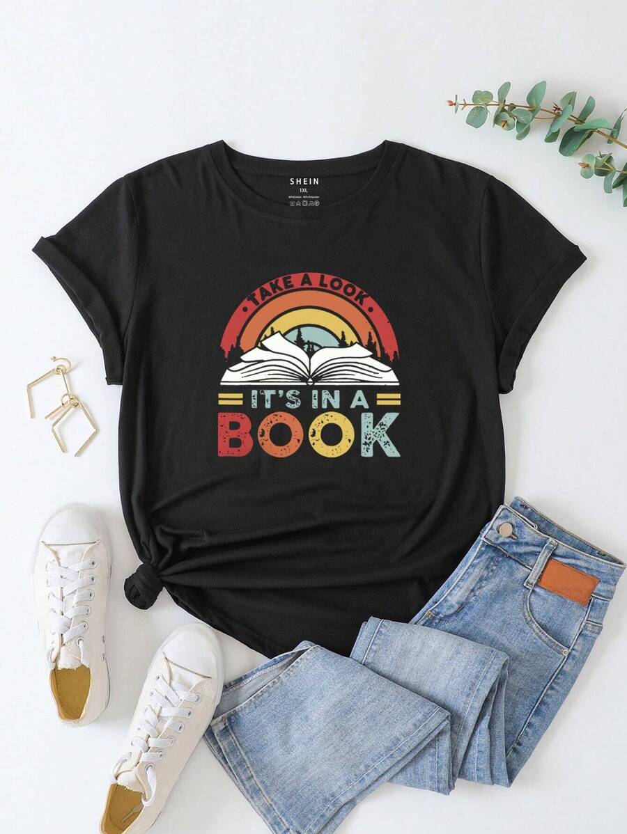 INAWLY Plus Book And Slogan Graphic Tee TAKE A LOOK IT'S IN A BOOK