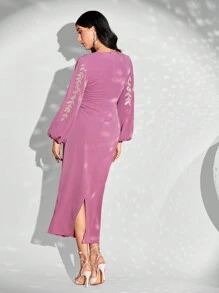 Modelyn فستان ترتر طباعة ورقة مطوي امامي أكمام فانوس - وردي - مشاهدة 2