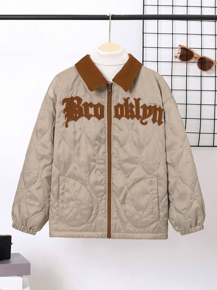 Tween Boys Casual Embroidered Collar Winter Parka Coat, Thick And Warm Woven Jacket