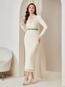 Modelyn Solid Lace Trim Belted Bodycon Dress Without Belt Long Evening Dresses - White - View 4