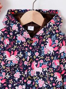 SHEIN Áo khoác có mũ trùm đầu có in hình kỳ lân cho bé gái - Màu xanh hải quân - Xem 5