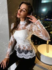 Eilly Bazar Mock Neck Embroidery Mesh Peplum Top Without Cami Top - White - View 3