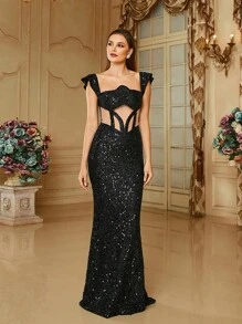 Missord Ruffle Trim Sequin Formal Dress - Black - View 8