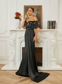 Missord Vestido de vestir de hombros descubiertos pecho con fruncido aplique - Negro - Ver 5