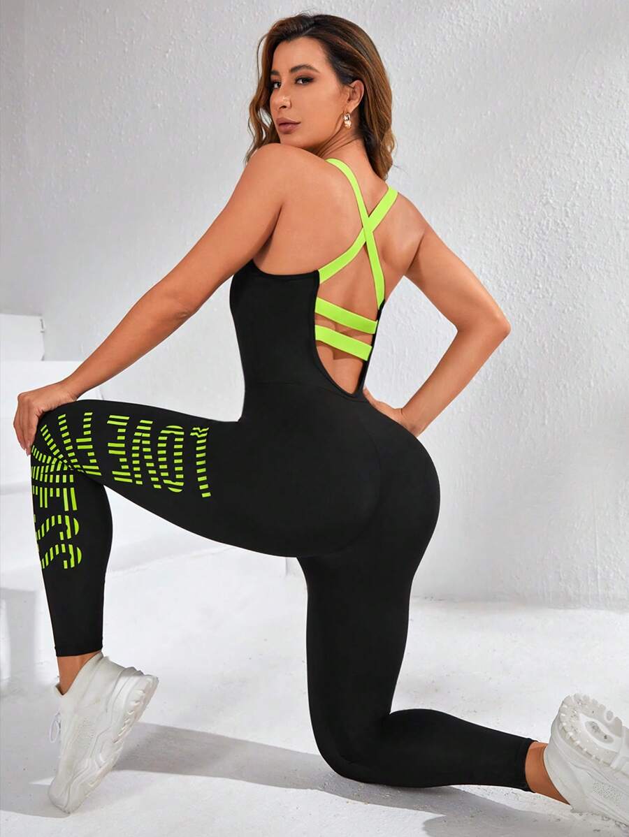 Easithlete Letter Graphic Cut Out Sports Jumpsuit - Black - View 1