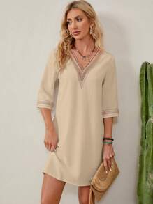 SHEIN LUNE Guipure Lace Insert Tunic Dress - Apricot - View 1