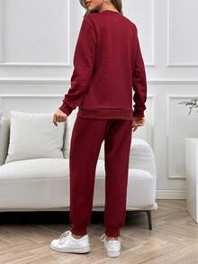 Bear And Letter Graphic Sweatshirt & Sweatpants - Burgundy - View 2