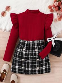 SHEIN 女大童荷葉邊小高領T恤&格紋印花半身裙適用於聖誕 - 酒紅色 - 查看 1